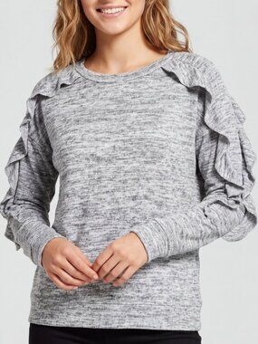 Womens Long Sleeve Ruffled Sweatshirt, Light Heather Grey Valerie Stevens XL Top